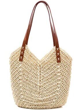 Large Straw Beach Tote Bag for Women with Zipper Woven Shoulder Bag Summer